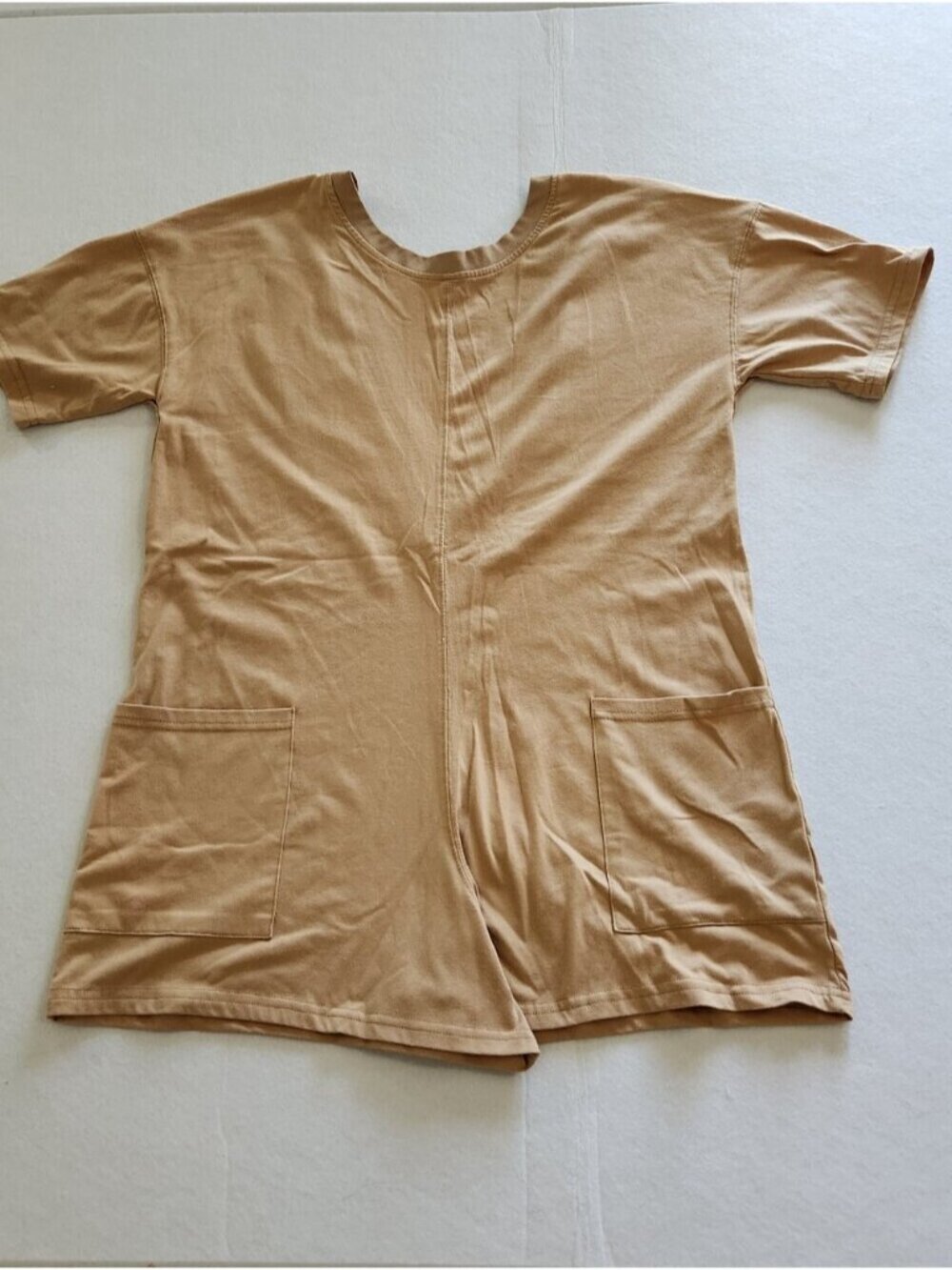 Casual Short-Sleeve Pocket Romper in Camel With Deep V Back
